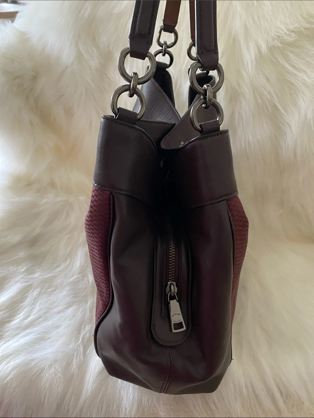 Coach Lexy Carryall Shoulder Bag in Dark Maroon Canvas and Oxblood Leather Trim